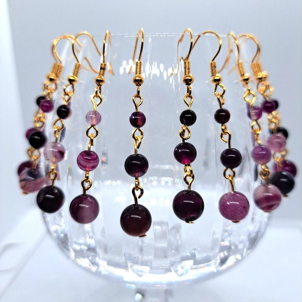 Handmade Dyed Agate Earrings pierced purple gold tone